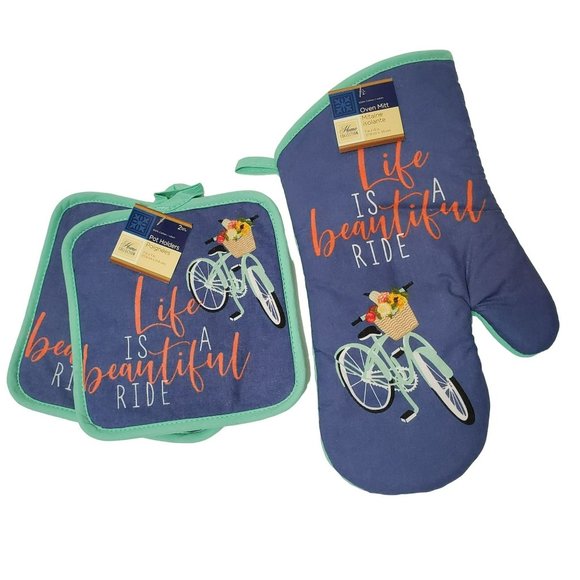 Oven Mitt and Potholders, set of 3, Life is a Beautiful Ride, Blue Bicycle - Picture 1 of 4